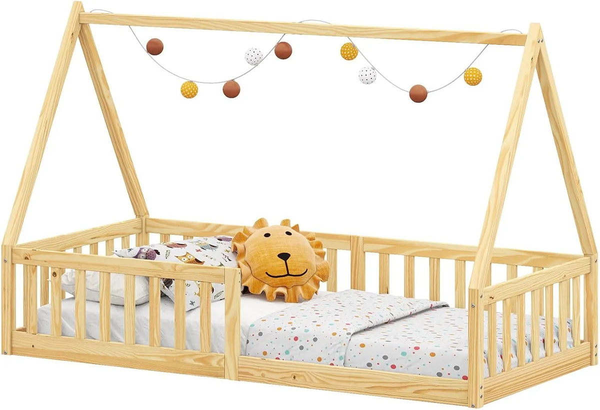 Lit Cabane Montessori 90x190 cm en Pin Massif pour Enfants - Nicolas, avec Barrières de Sécurité, Finition Naturelle