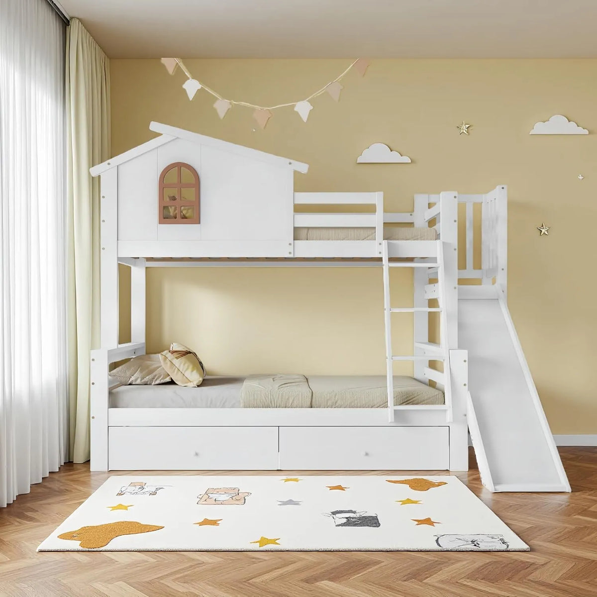 Lit superposé enfant bois massif 90/120x200 cm avec toboggan, tiroirs et échelle inclinée, blanc