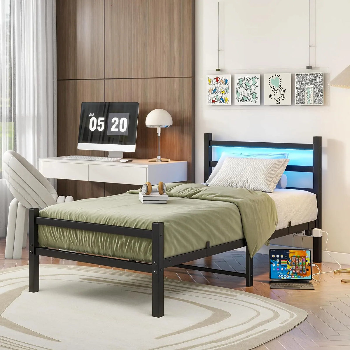Lit Simple 3ft avec LED et Station de Charge, Cadre Métal Robuste avec Rangement
