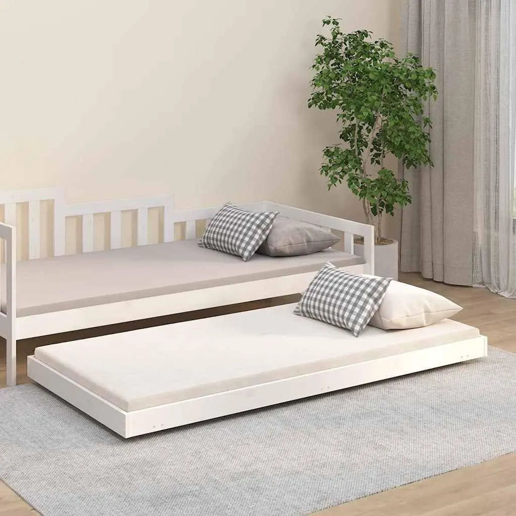 Cadre de lit en pin blanc 90x190 cm avec roulettes, sommier inclus, moderne et durable pour chambre d'enfant