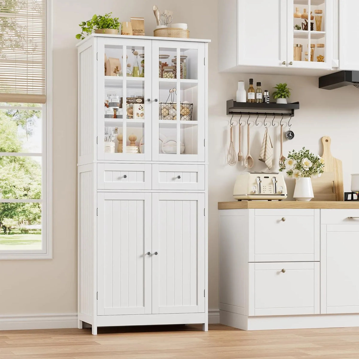 Buffet Cuisine Moderne 180 cm avec Vitrine et Rangements Blanc