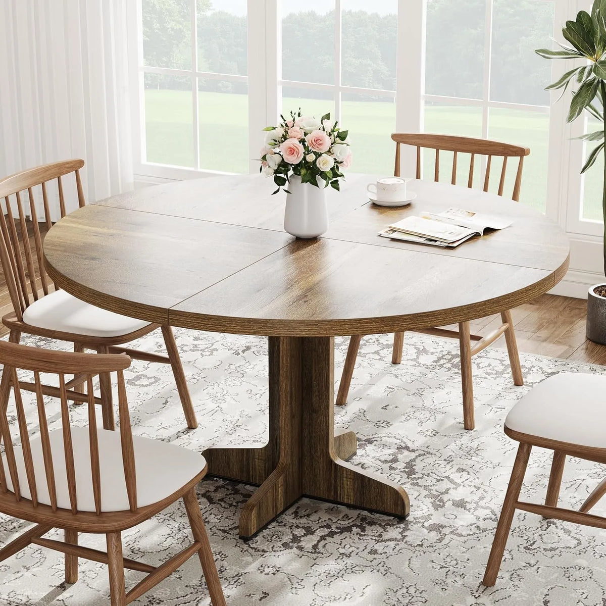 Table Ronde en Bois 120 cm pour Salle à Manger, 4-6 Personnes, Base Solide, Marron