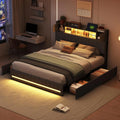 Lit Double 140x200 avec Rangement, Éclairage LED et Ports USB, Tête Capitonnée en Bois, Cadre en Lin avec 4 Tiroirs, Gris