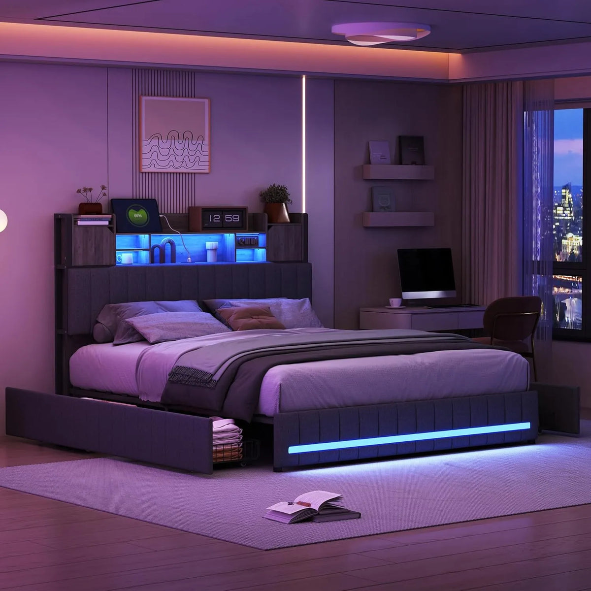 Lit Coffre 140x190 Moderne en Lin Gris avec LED, Port USB et 4 Tiroirs