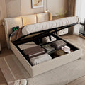 Lit Double 140x200 avec LED, Sommier à Coffre et Port USB, Tête de Lit Capitonnée, Rangement Inclus