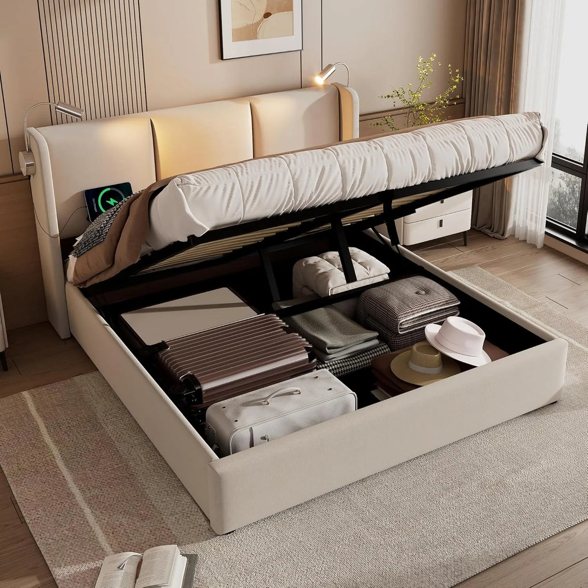 Lit Double 140x200 avec LED, Sommier à Coffre et Port USB, Tête de Lit Capitonnée, Rangement Inclus