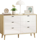 Commode Moderne 6 Tiroirs, Blanc et Chêne, Avec Pieds en Bois, Rangement Polyvalent