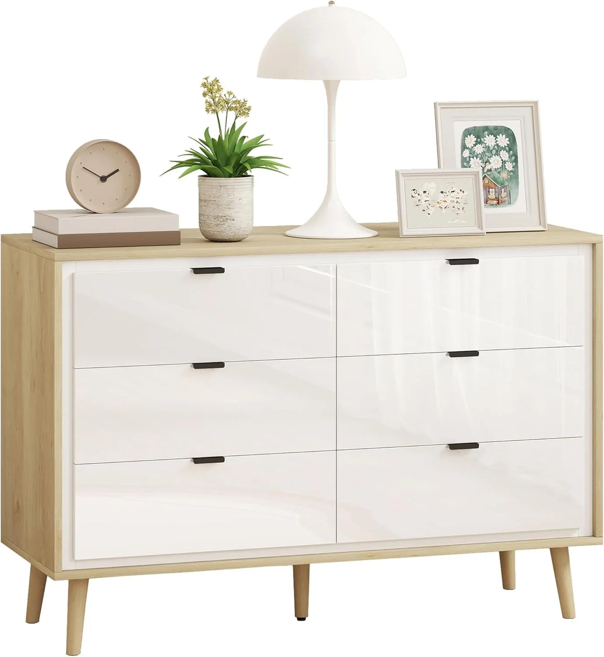 Commode Moderne 6 Tiroirs, Blanc et Chêne, Avec Pieds en Bois, Rangement Polyvalent
