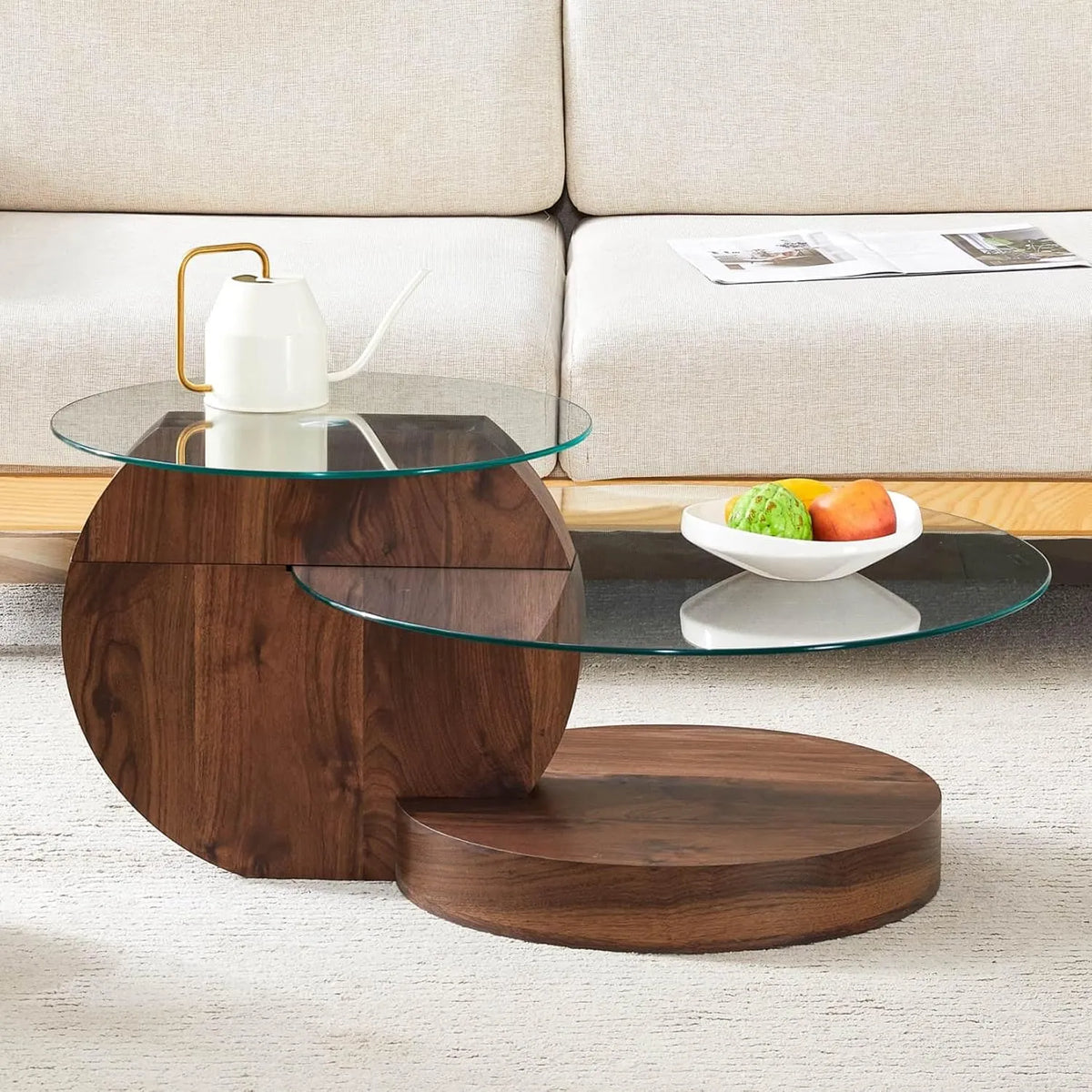 Table Basse Ronde en Bois avec Plateau Double en Verre, 90x70x44cm, Base Solide en MDF pour Salon et Bureau