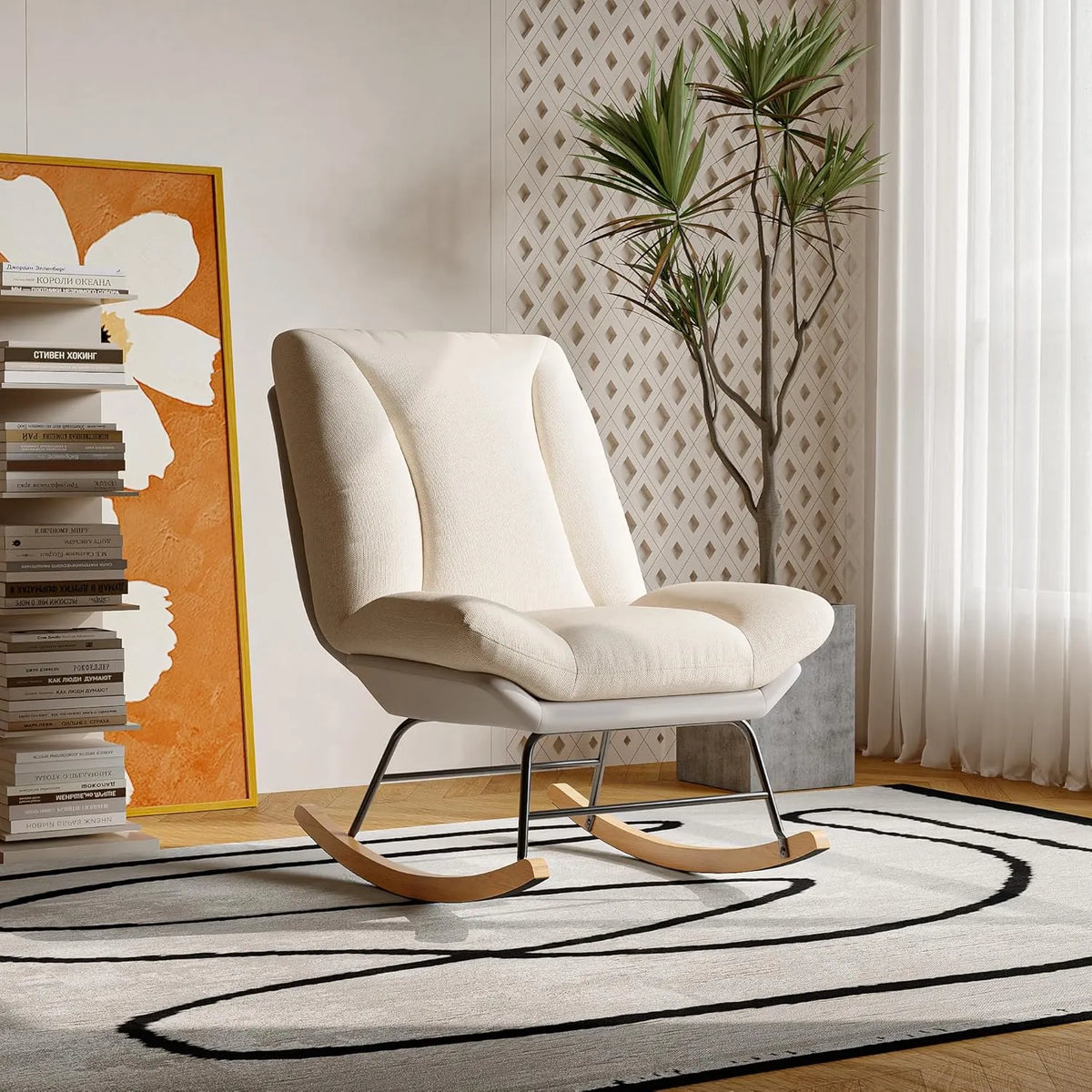Chaise à Bascule en Lin avec Dossier Ajustable pour Chambre et Salon