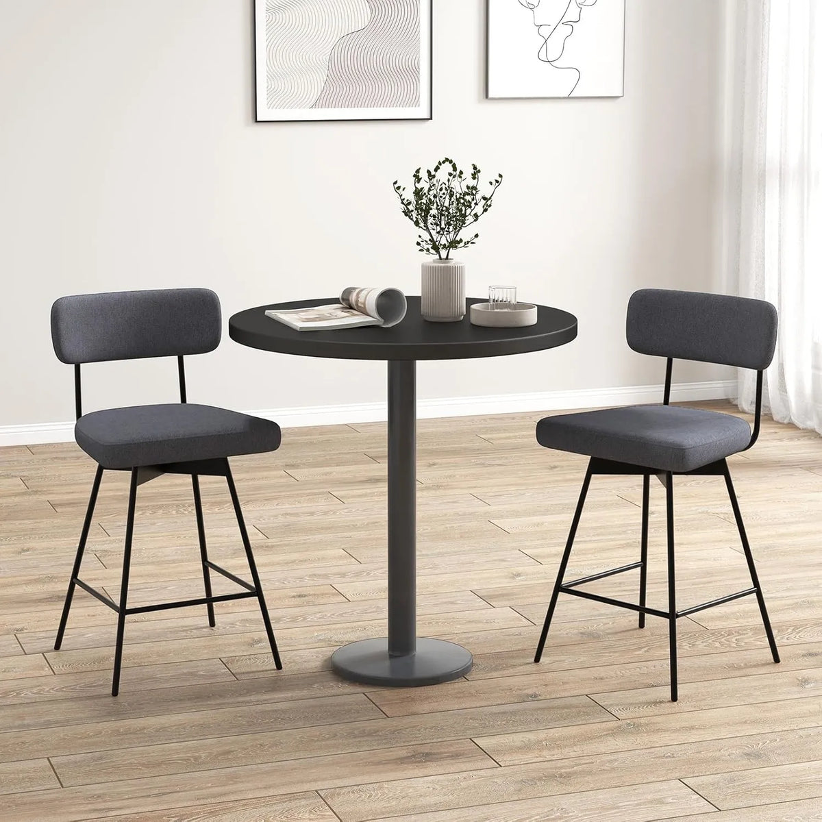 Lot de 2 Tabourets de Bar Pivotants, Hauteur 64 cm, Tissu en Lin, Dossier et Repose-Pieds, Cadre Métallique, Gris