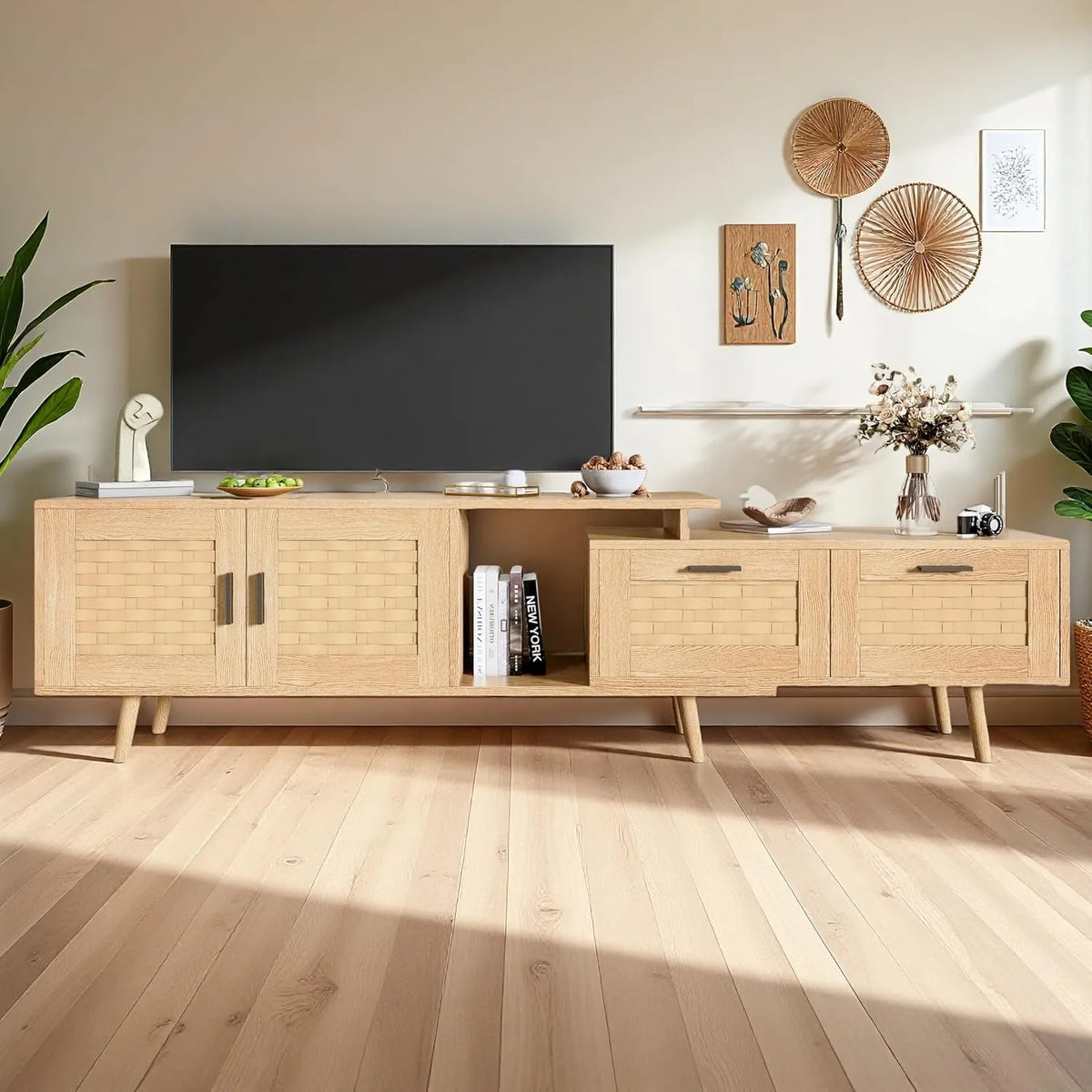 Meuble TV Extensible en Rotin avec Tiroirs et Portes - Pour Télévision jusqu'à 75 Pouces