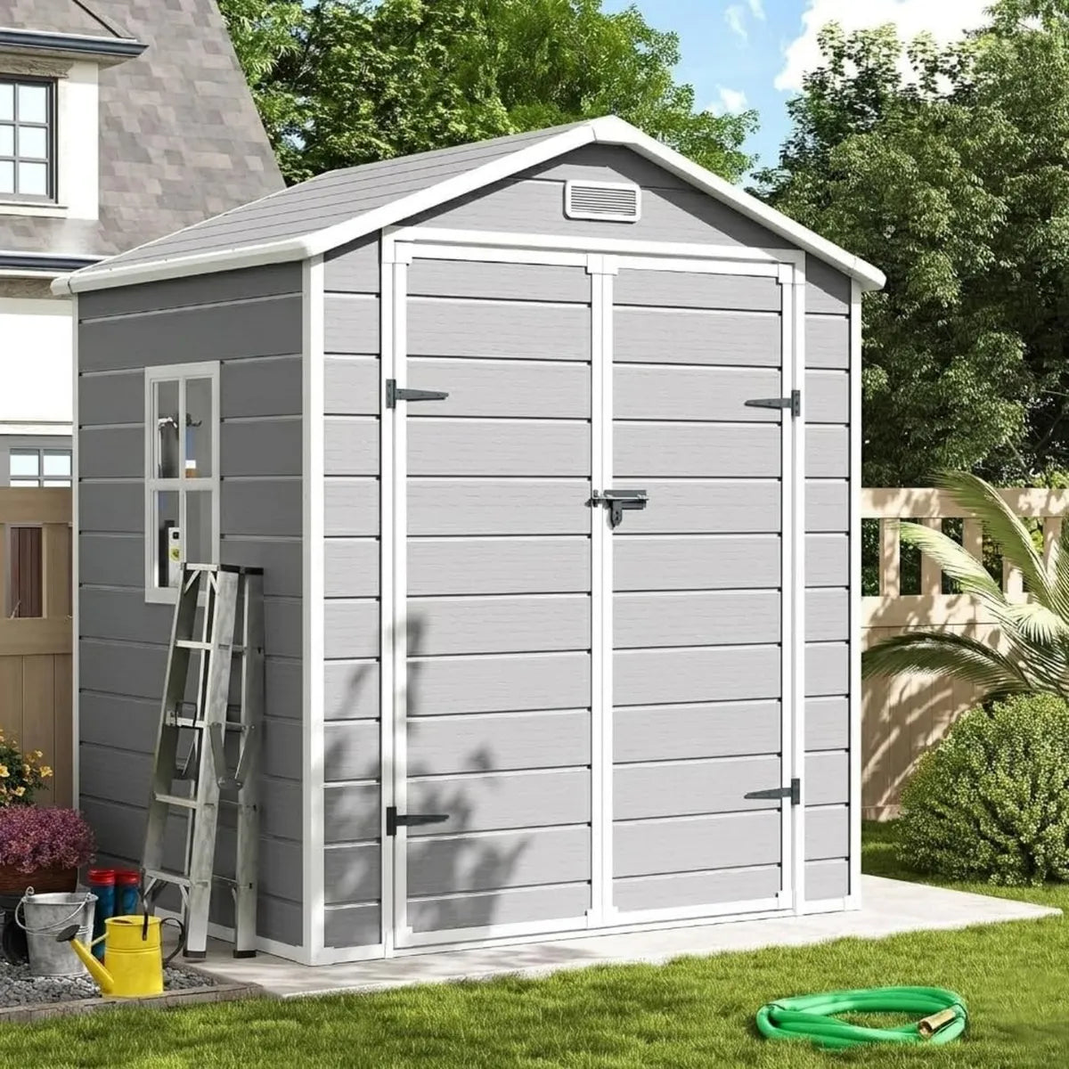 Cabane de Jardin en Résine 12 mm, 184x135x210 cm - Espace de Rangement Extérieur 3.9 m³, Toit Inclinable Anti-Pluie avec Porte Verrouillable (Gris)