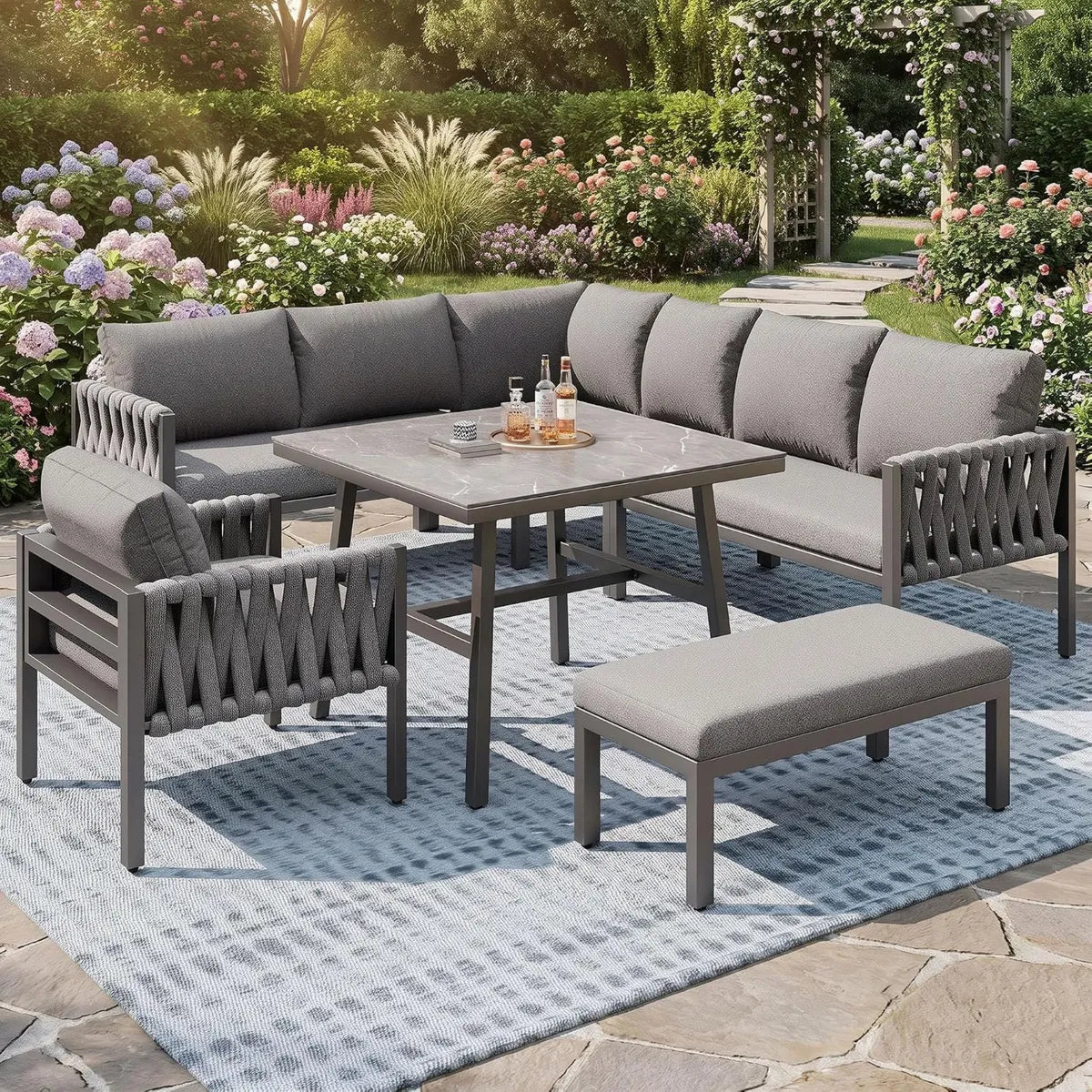 Salon de jardin modulable en rotin résistant aux intempéries avec coussins, ensemble 6-10 places (Gris-r-02)