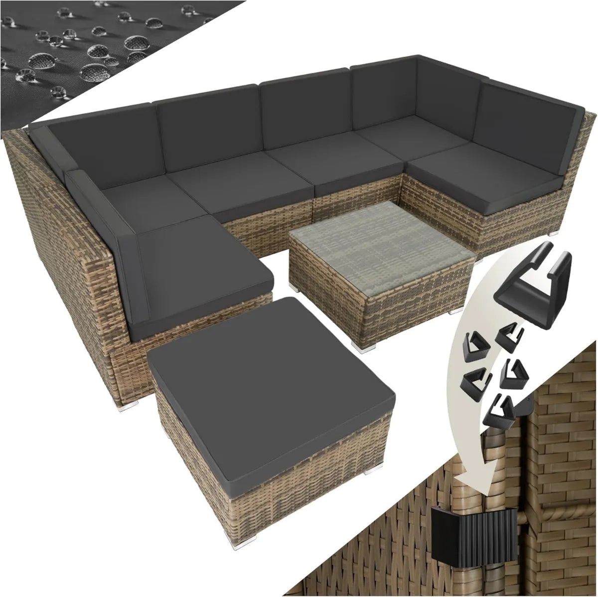 Ensemble de Salon de Jardin en Rotin Tectake - Module Confort avec 6 Fauteuils, Pouf et Table, Marron Naturel