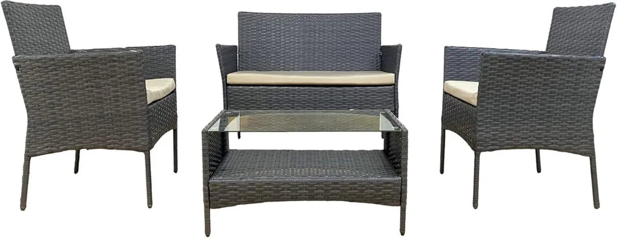 Ensemble de Salon de Jardin en Rotin Gris avec Coussins - 4 Pièces