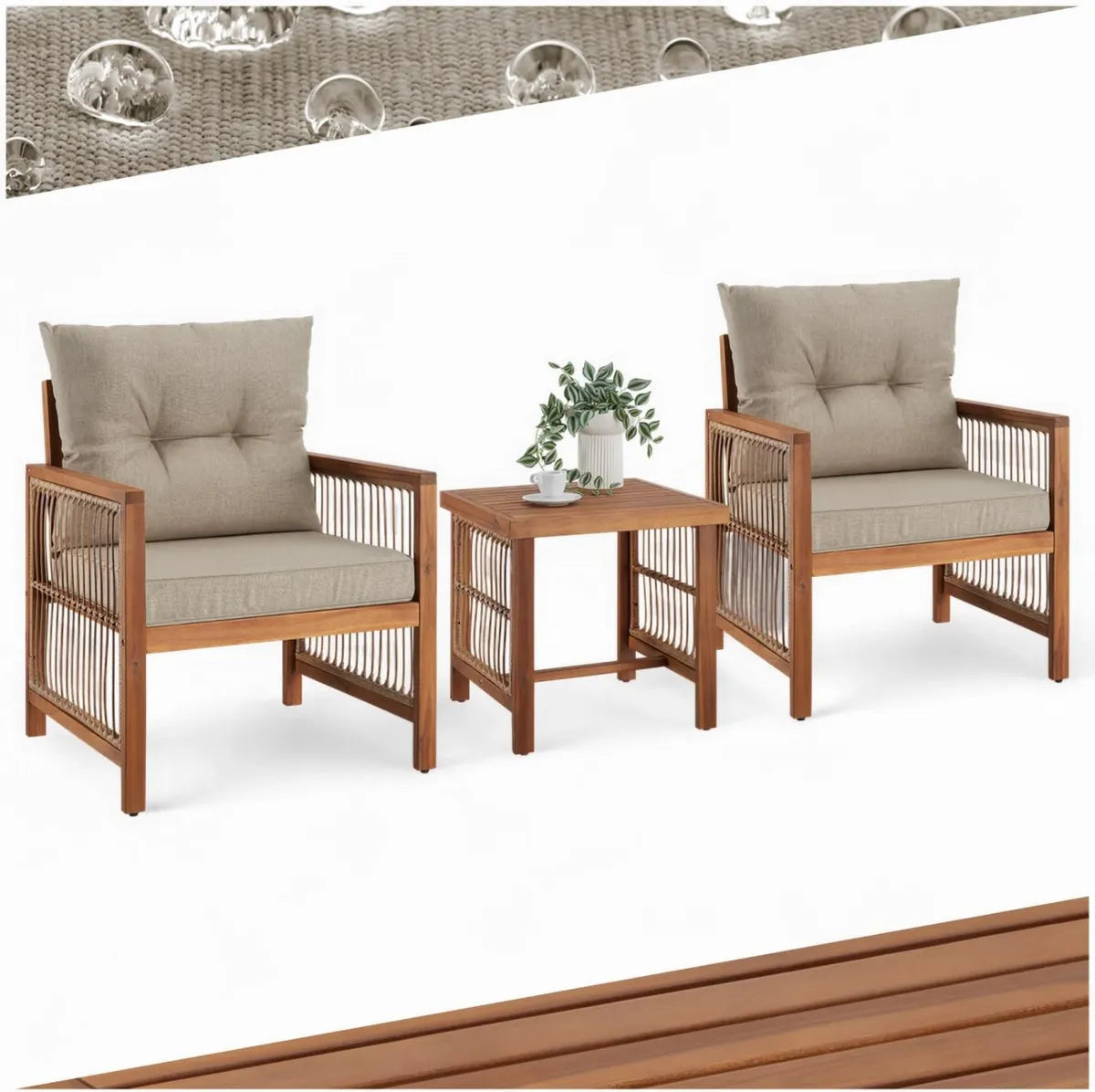 Ensemble Salon de Jardin avec Fauteuils et Table Basse en Acacia et Acier