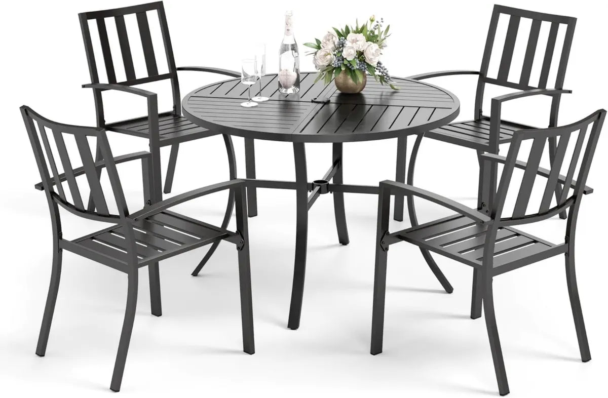 Ensemble de Jardin PHI Villa 5 Pièces pour 4, Table Ronde et Chaises Métal Empilables, Idéal pour Balcon, Terrasse et Cour