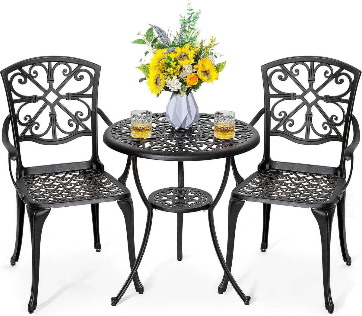 Ensemble de Jardin 3 Pièces en Aluminium, Table Ronde avec Trou pour Parasol et 2 Chaises, Idéal pour Balcon et Terrasse, Noir avec Bord Doré