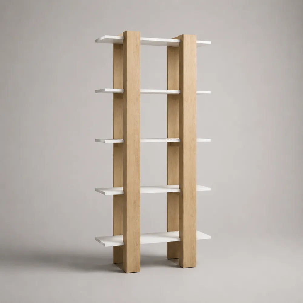 Bibliothèque ouverte 80 x 30 x 180 cm bois chêne et MDF blanc structure rectangulaire étagères multiples
