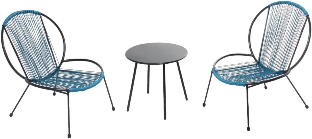 Ensemble de Jardin 3 Pièces Bleu - 2 Fauteuils et Table Basse - Design Rétro et Confortable - Résistant à l'Eau pour Extérieur
