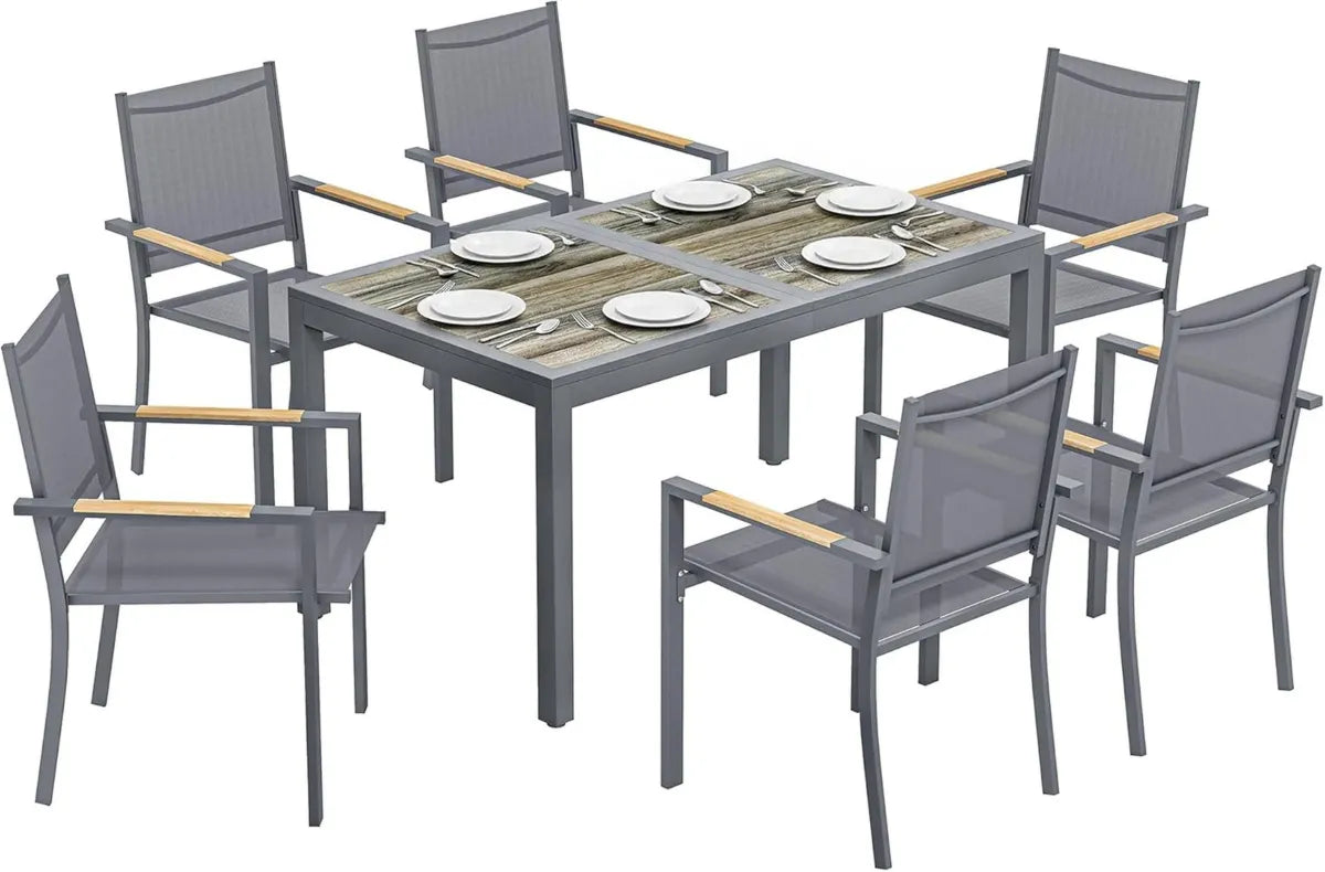 Ensemble de Jardin Outsunny 7 Places - Table Imitation Bois et 6 Chaises Empilables en Textilène - Mobilier Durable pour Terrasse, Gris Anthracite