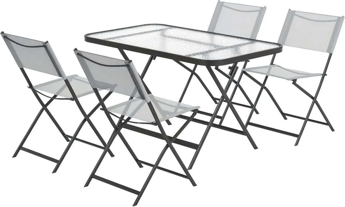 Ensemble de Mobilier de Jardin Outsunny avec Table et Chaises Pliantes en Textilène, Plateau en Verre Trempé, 5 Pièces, Gris