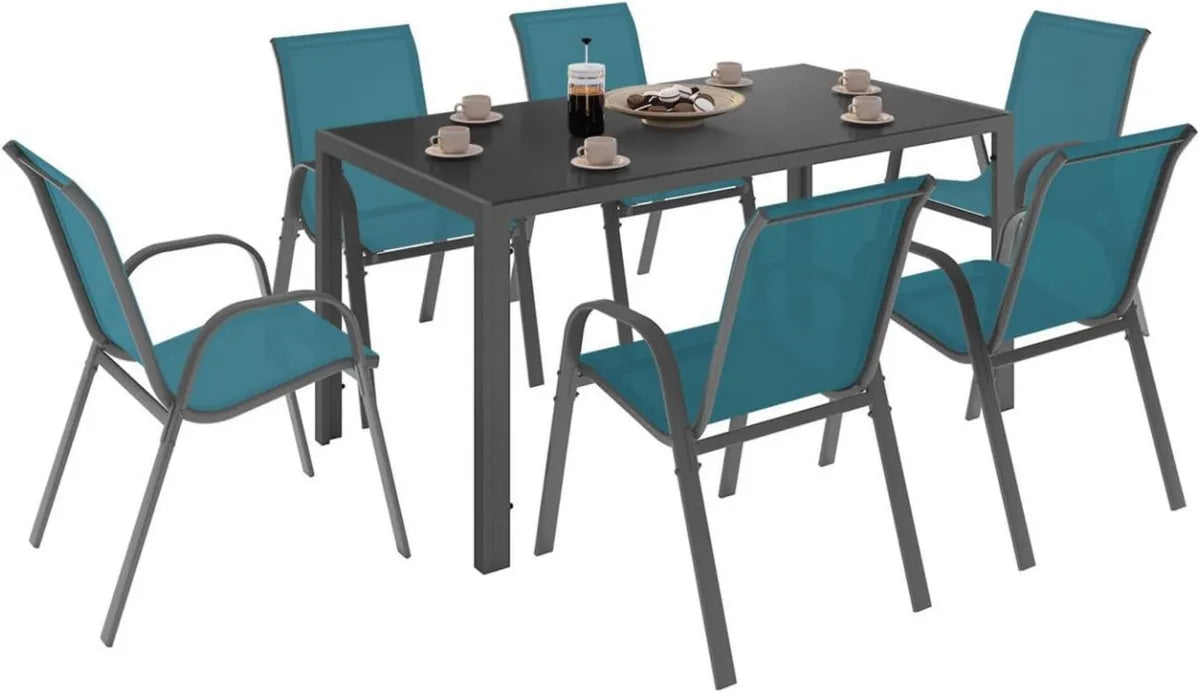 Ensemble de Jardin Madrid Table 150 cm et 6 Chaises Empilables Bleu Canard