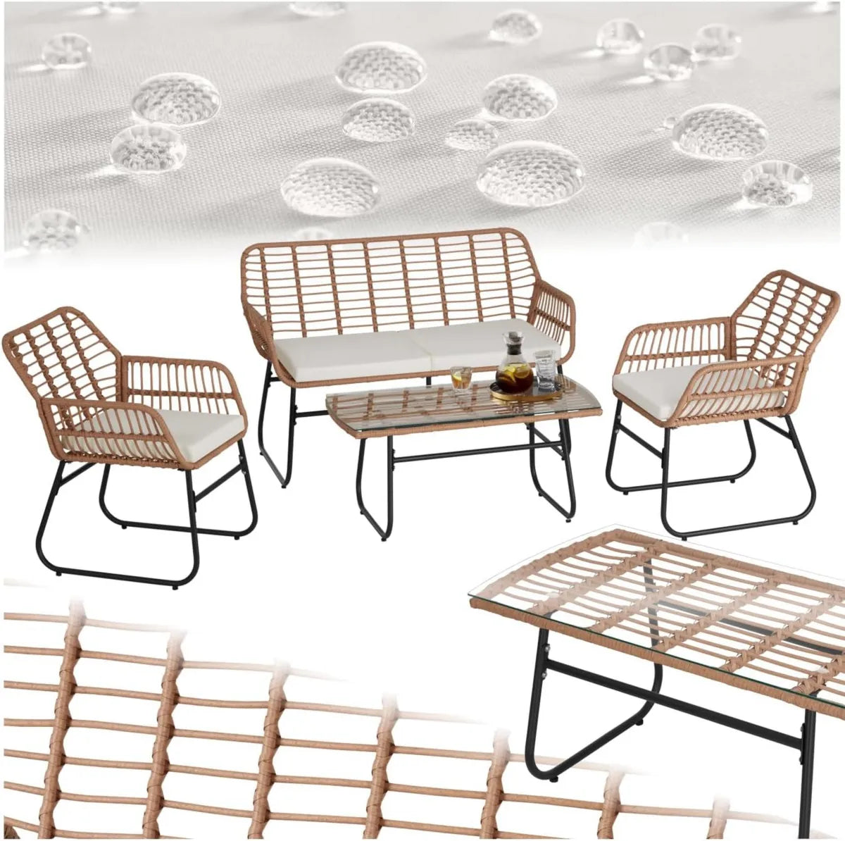Ensemble Mobilier de Jardin 4 Pièces en Rotin avec Canapé, Fauteuils et Table en Verre
