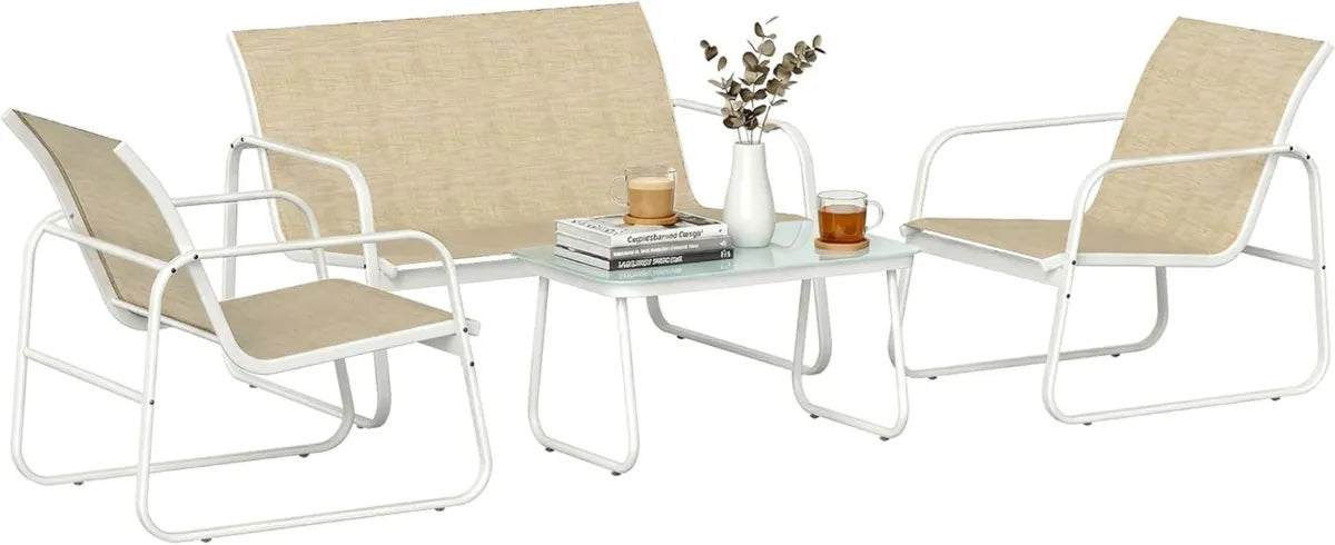 Ensemble de Jardin 4 Pièces en Résine Tressée, Canapé, Fauteuils et Table Basse, Plateau en Verre Trempé, Réglable, Kaki/Blanc