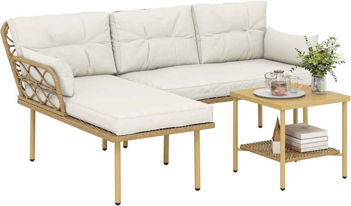 Outsunny Ensemble de Jardin 4 Places avec Table Basse et Coussins Confort en Résine Tressée Crème