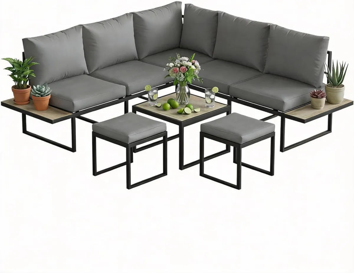 Ensemble de Jardin Extérieur 6 Places avec Canapés Modulables et Table Basse – Coussins Épais pour Terrasse et Balcon