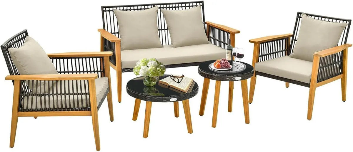 Ensemble de Jardin 5 Pièces en Rotin avec Cadre en Acacia, Coussins Confortables pour Terrasse et Jardin