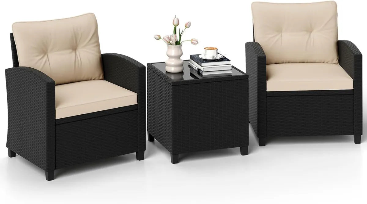 Ensemble de Salon de Jardin pour 2 Personnes en Rotin Résistant, Comprenant 2 Fauteuils avec Coussins Déhoussables et Table Basse en Verre Trempé, Idéal pour Balcon et Terrasse, Noir et Beige