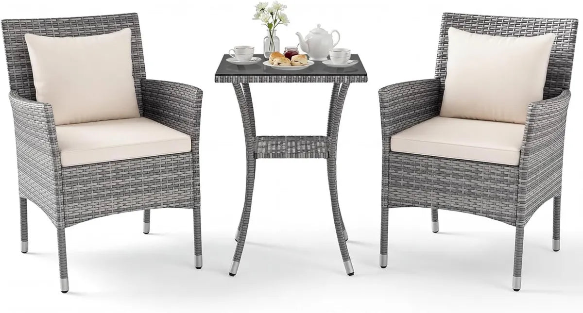 Ensemble de Jardin en Rotin PE avec Table en Verre et Chaises Confortables, Mobilier Extérieur avec Coussins Lavables, Capacité 180 kg (Beige)