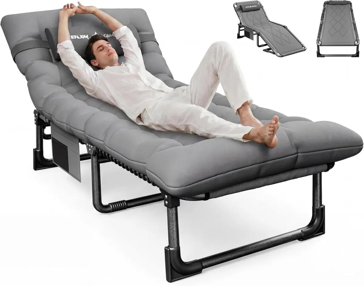 Chaise Longue de Jardin Pliable avec Coussin et Appui-tête Réglable - 200x69x34 cm - Gris