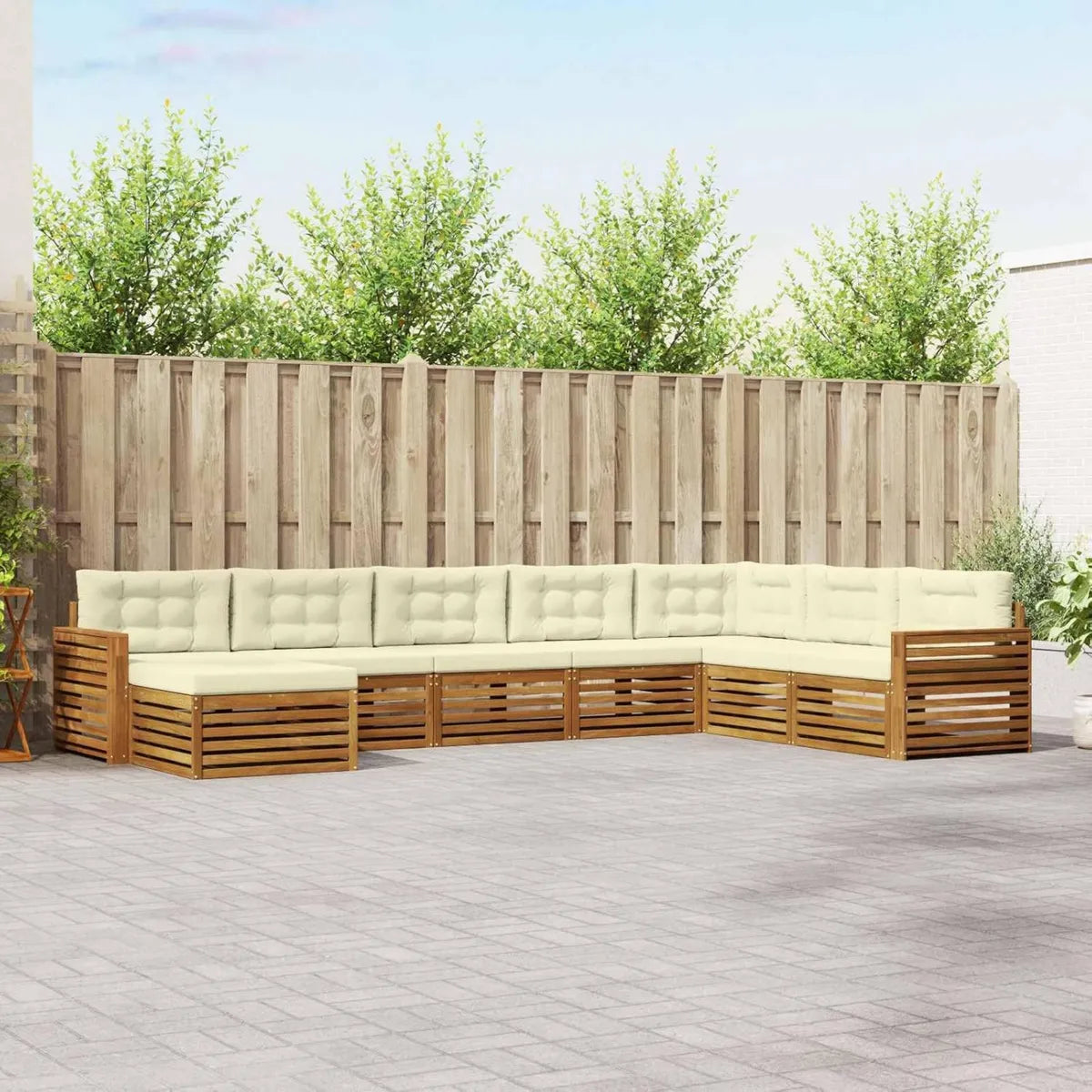 Salon de Jardin 8 Pièces en Bois d'Acacia avec Coussins Crème