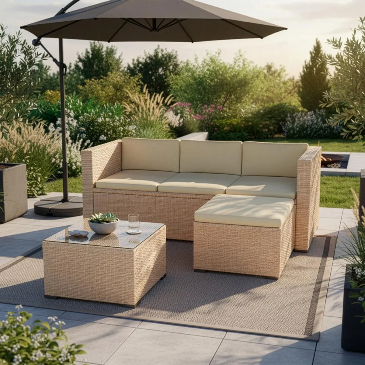 Ensemble de Salon de Jardin Punta Cana en Rotin Synthétique Résistant - 3-4 Personnes, Canapé, Table, Pouf, Coussins - Crème/Sable