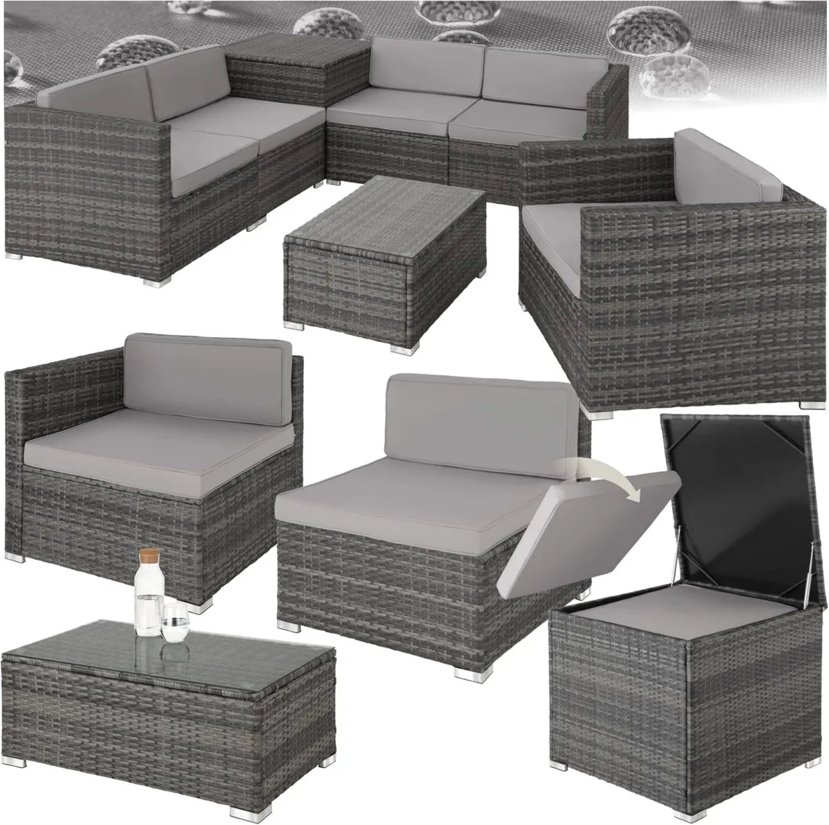 Ensemble de Jardin 5 Places en Résine Tressée avec Rangement et Table - Gris
