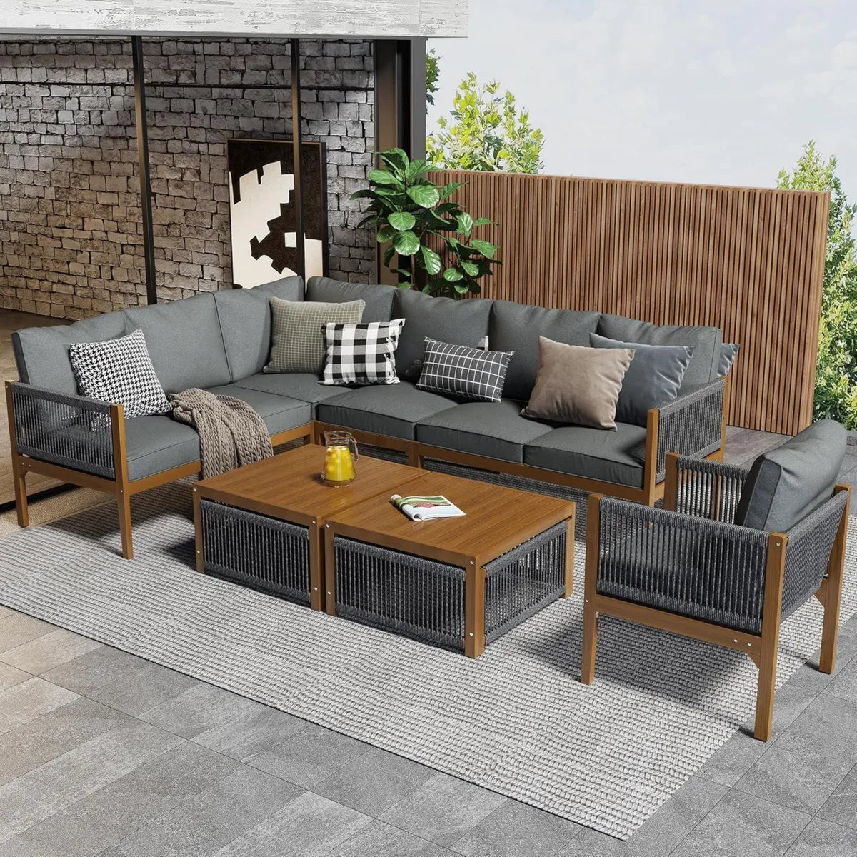 Ensemble de Jardin en Acacia pour 7 à 8 Personnes, Canapé et Table pour Terrasse, Gris et Bois