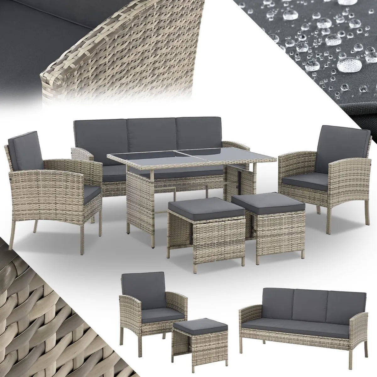 Ensemble Mobilier de Jardin Turin 6 Pièces en Polyrésine - 7 Places avec Coussins - Meubles Extérieurs avec Fauteuils, Tabourets et Table - Gris