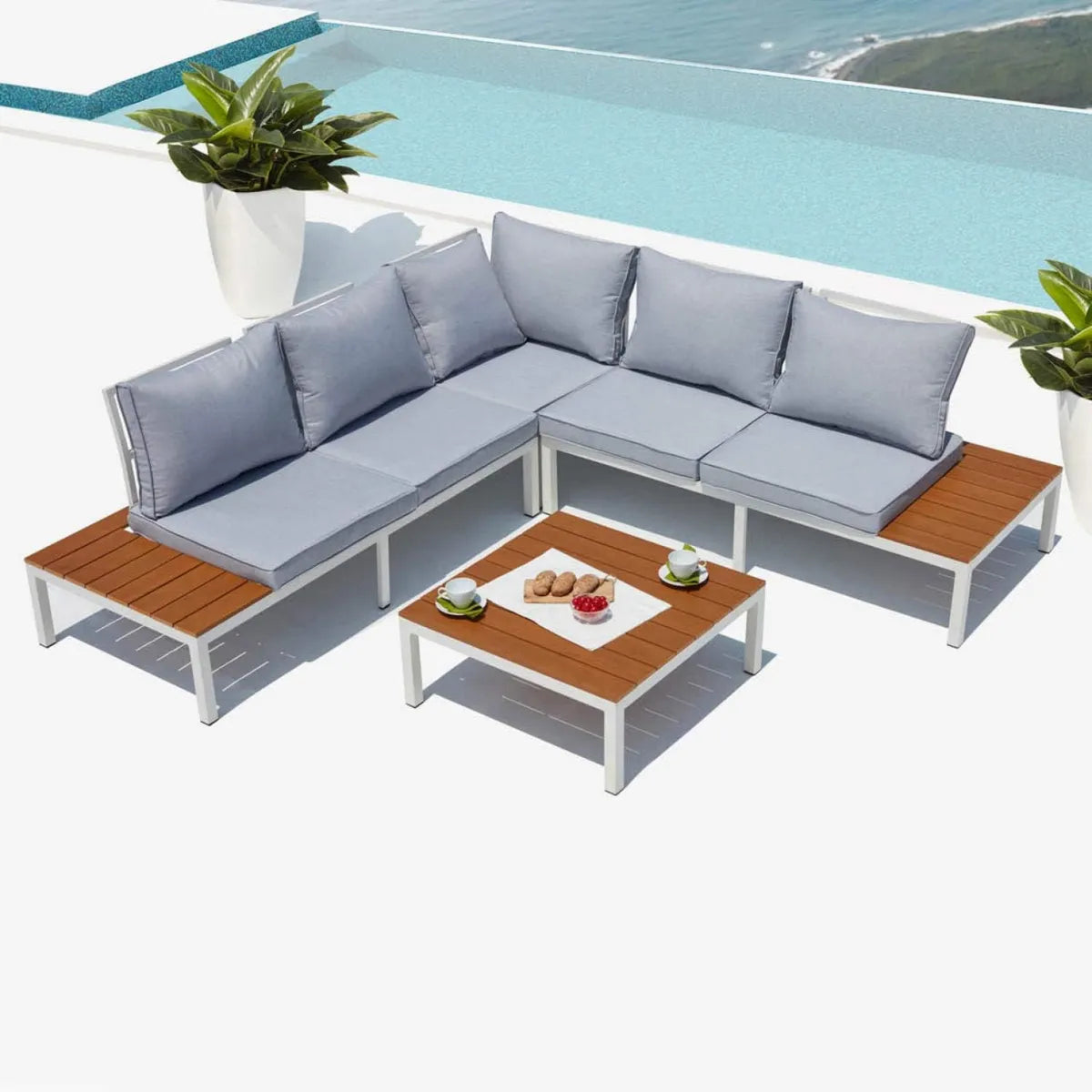 Ensemble de Salon de Jardin en Aluminium 5 Places FIRA | Design Moderne Blanc et Gris | Confort et Durabilité | Imperméable