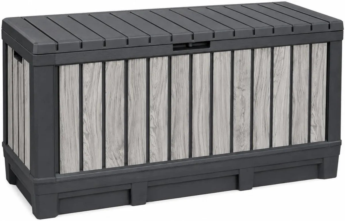 Coffre de Jardin 350L Effet Bois Gris - Banc de Rangement Multifonctionnel