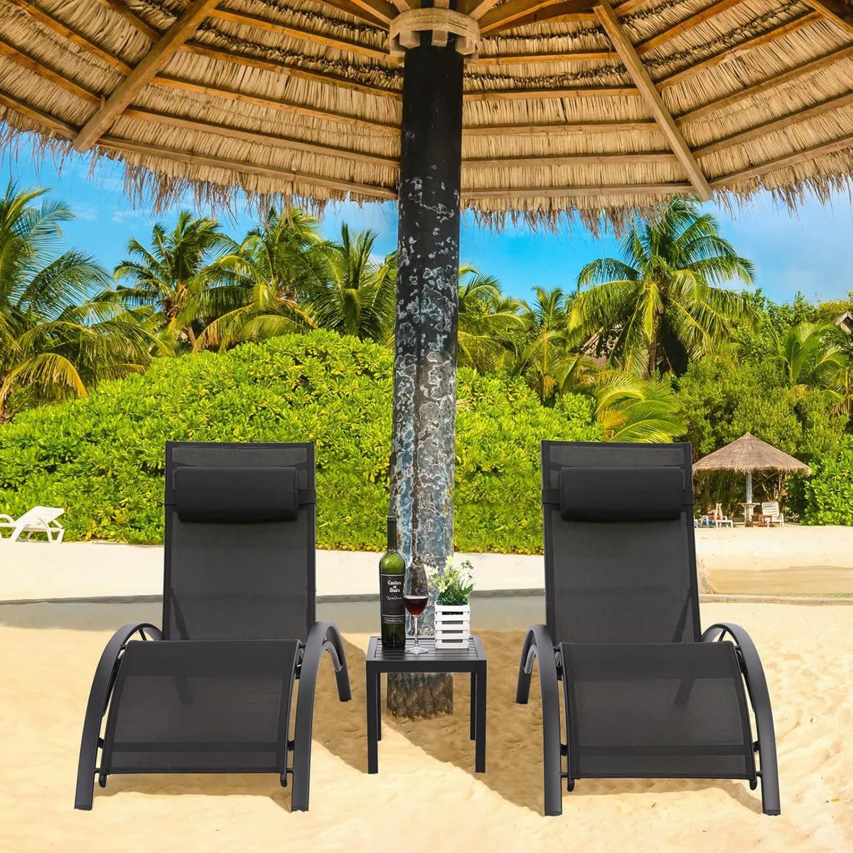 LIFERUN Ensemble de 2 Transats de Jardin Empilables en Aluminium avec Table et Coussin, Résistant aux Intempéries, Dossier Réglable 5 Positions, Idéal pour Jardin et Piscine