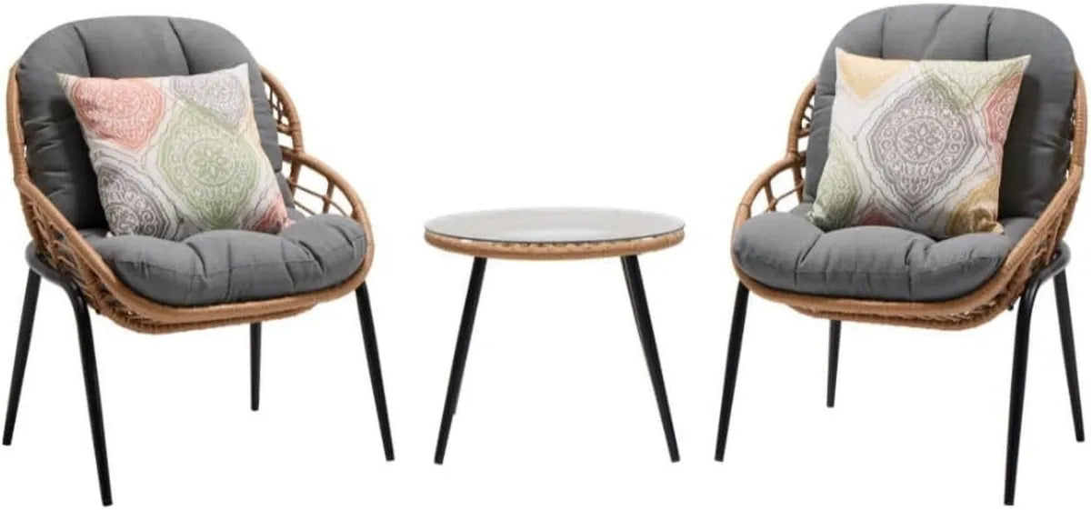 Ensemble de Jardin en Rotin et Acier avec Canapé, Fauteuils et Table Basse - Coussins Inclus
