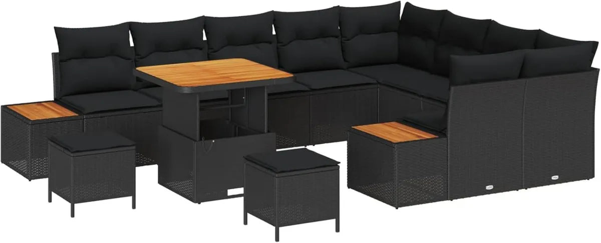 Ensemble de Salon de Jardin 12 pcs en Rotin Synthétique Noir, Mobilier Extérieur Moderne, Léger et Modulable, Résistant aux UV avec Rangements