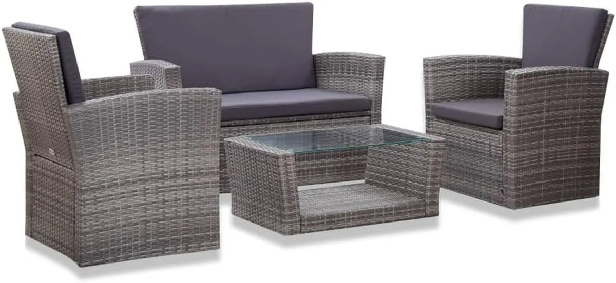 Ensemble Mobilier de Jardin en Résine Tressée Gris avec Coussins
