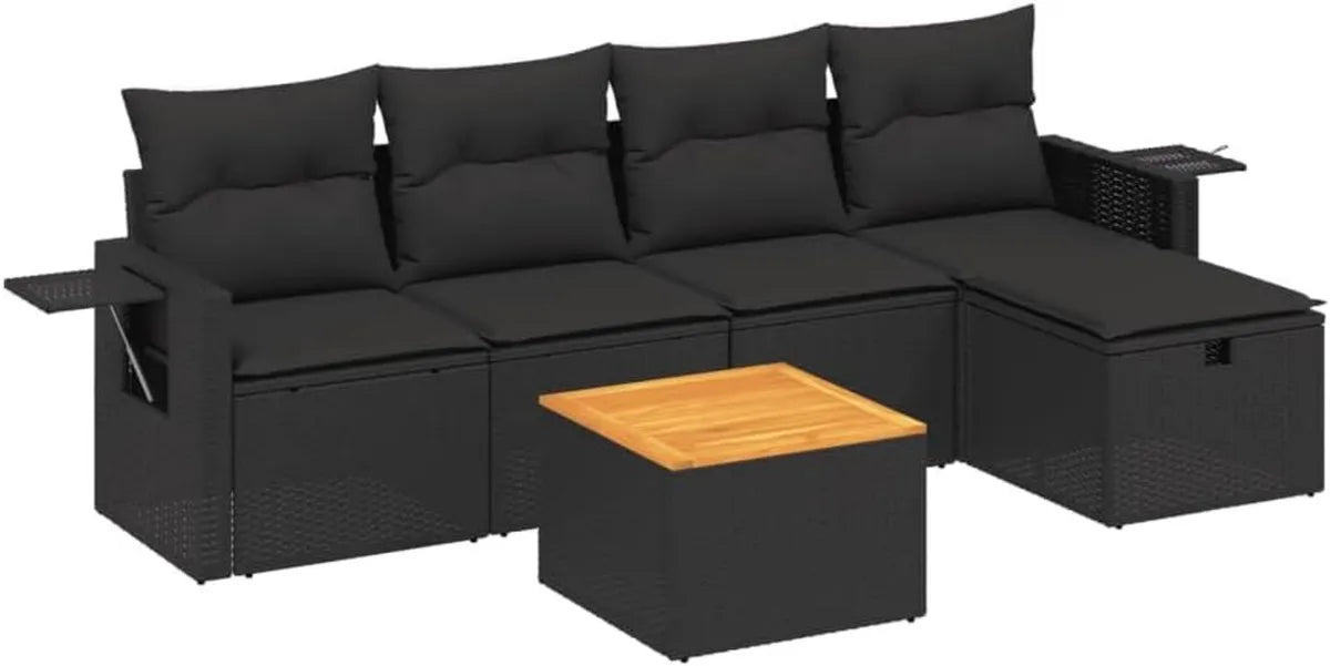 Ensemble de Salon de Jardin 6 Pièces en Résine Tressée Noire avec Coussins