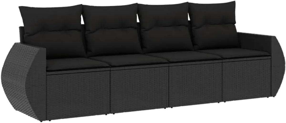 Ensemble de Salon de Jardin 4 Pièces en Résine Tressée Noire avec Coussins