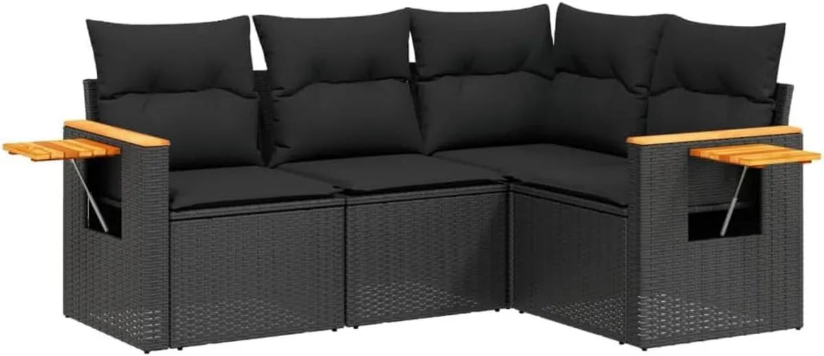 Ensemble de Salon de Jardin en Résine Tressée Noire avec Coussins, 4 Pièces